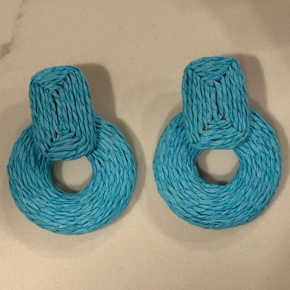 Boho Wrapped Raffia Door Knocker Earrings Blue Statement Show Stopper